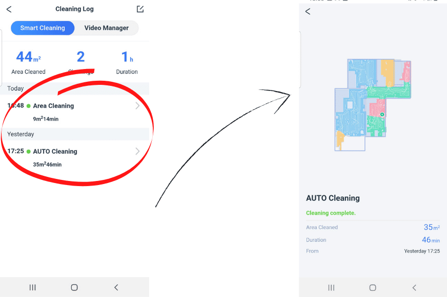 Statistics on past cleaning runs are viewed in the Ecovacs Home App.